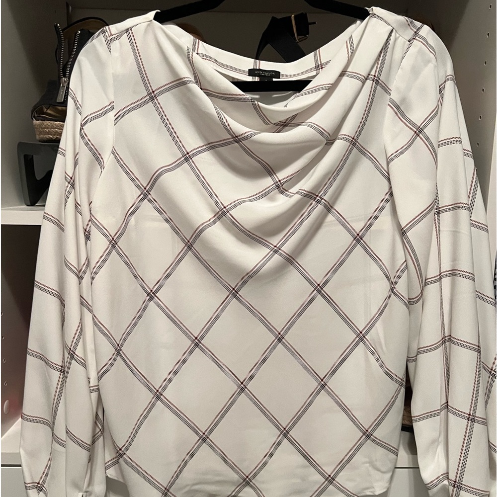 Ann Taylor Plaid Drape Neck Blouse